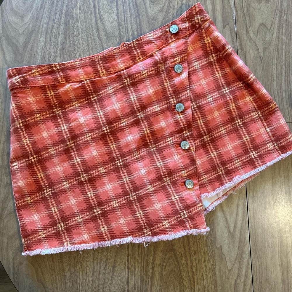 Vintage Y2K Plaid Mini Skirt Skort with Shorts Coral Orange Yellow Tartan Sz 15 - Picture 1 of 5